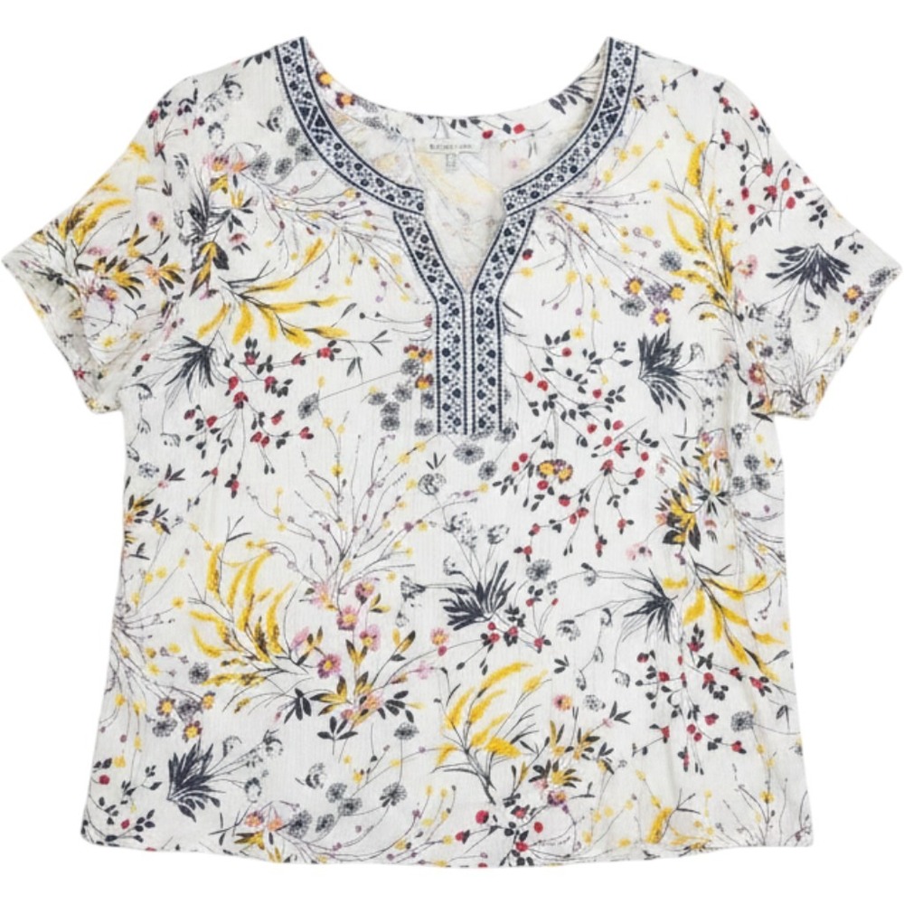 B Skies Are Blue Women 2X Floral Boho Peasant Blouse Split Neck Embroidered Top
